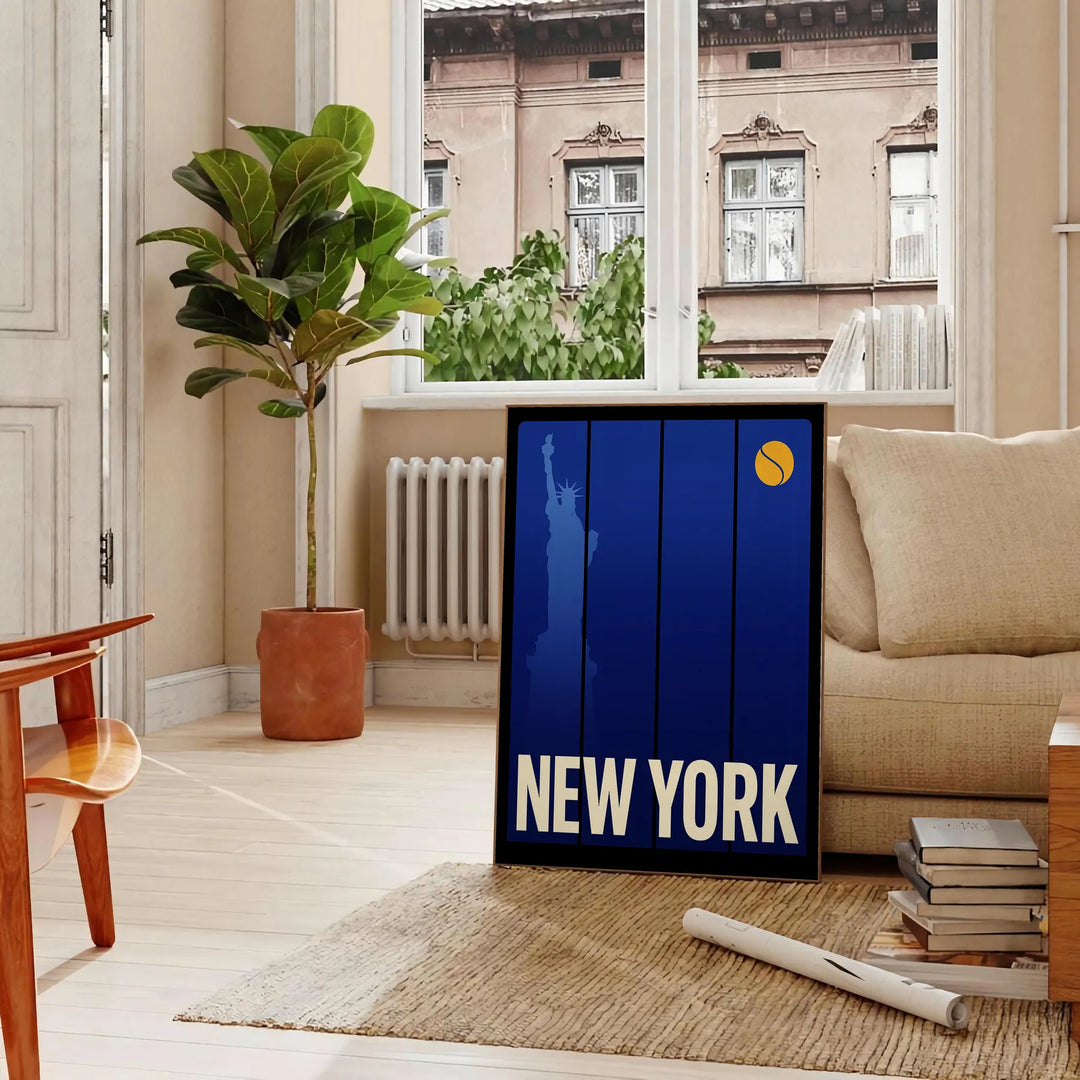 Pôster 'New York Tennis 8' em tons vibrantes de laranja e cinza, disponível nas dimensões 50x70 ou 30x40, ideal para decorar