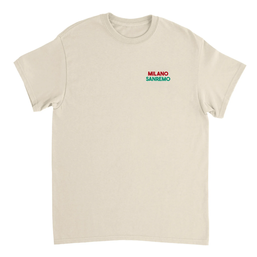 Koszulka Milano Sanremo z unikalnym wzorem, idealna dla miłośników kolarstwa. Dostępna w rozmiarach S, M, L, XL