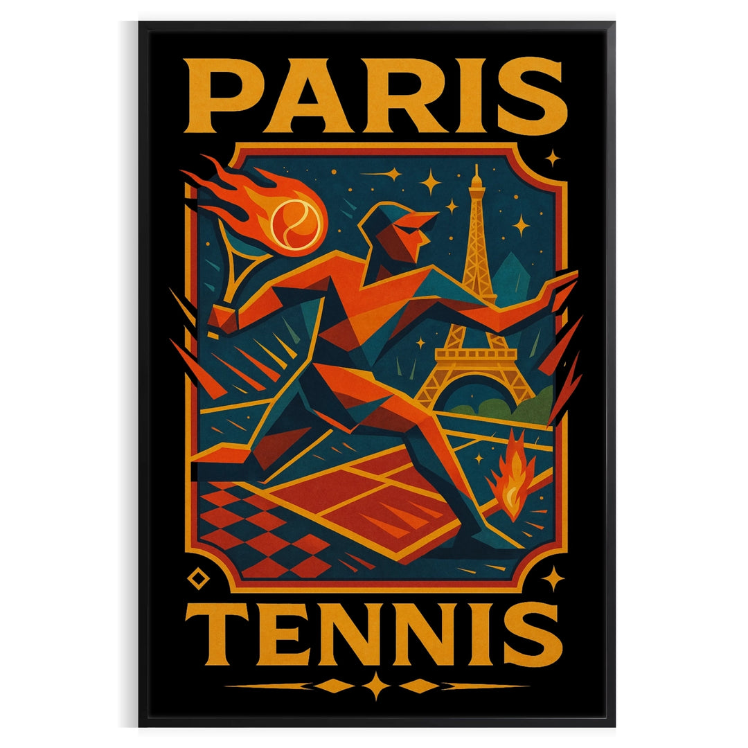 space charming Paris vintage cartoon tennis poster stylish blend gray blue tones lovers art enthusiasts delightful piece whimsical touch room slice home dimensions A4 cm A0