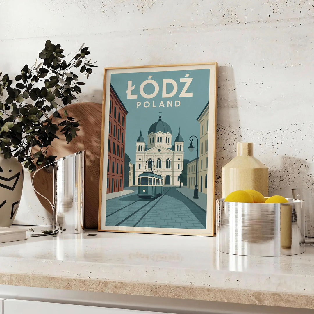 Łódź cityscape poster in orange and green, modern minimalist graphic print