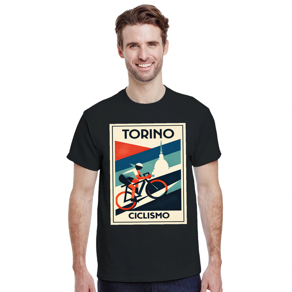 T-shirt featuring a graphic of a cyclist in Turin, Italy