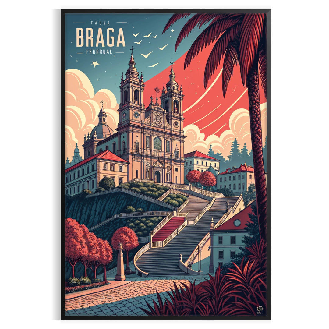 Vintage Art Déco Braga, Portugal poster in gray and brown tones