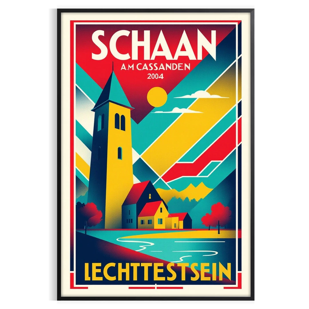 charm Schaan Liechtenstein stunning vintage travel poster Art Deco design vibrant orange white home office decor eye piece various sizes A4 cm A0 perfect fit