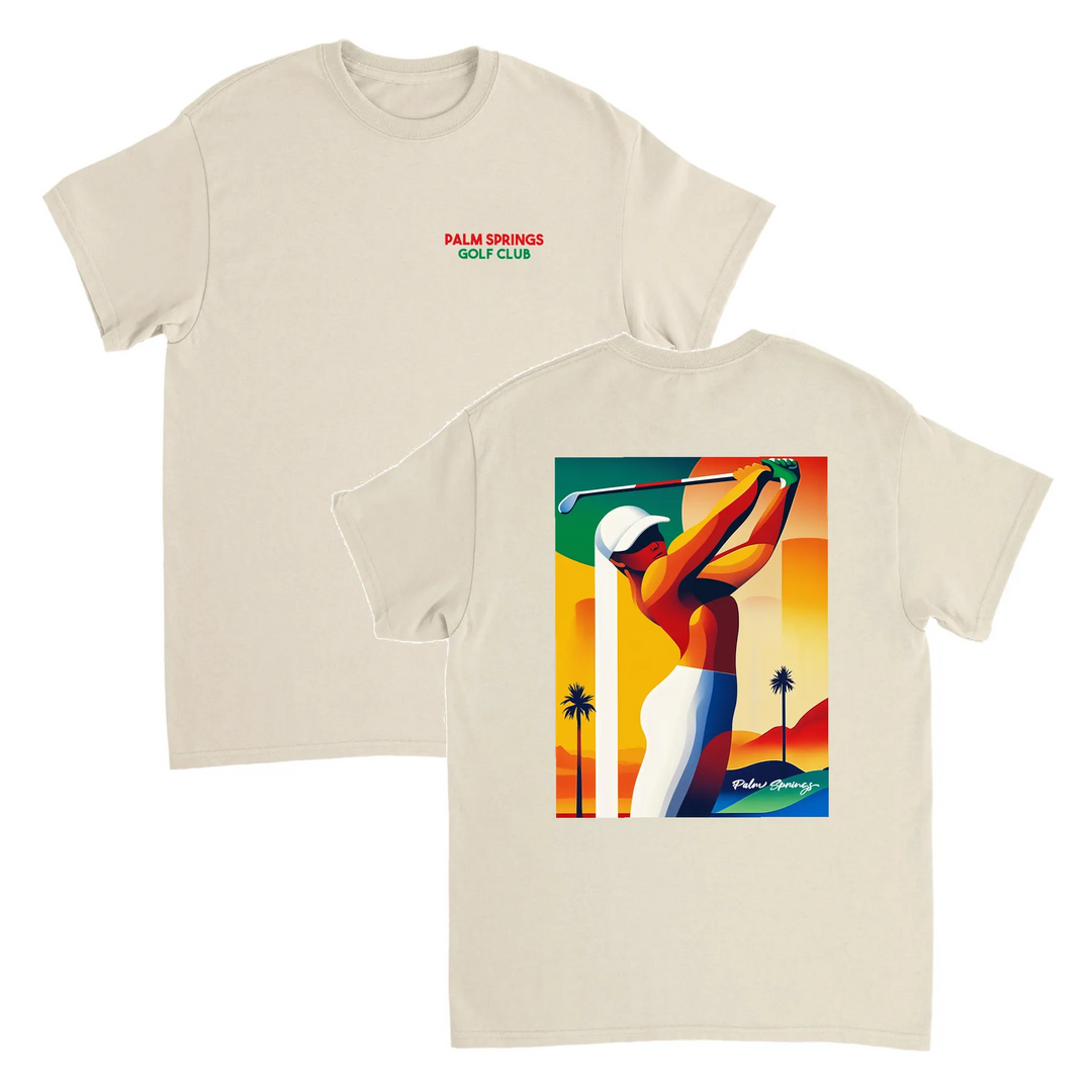 パームスプリングスゴルフTシャツは、明るいデザインが特徴で、ゴルフ場でも普段使いでも活躍する一枚です。サイズはSからXXLまで揃っています。