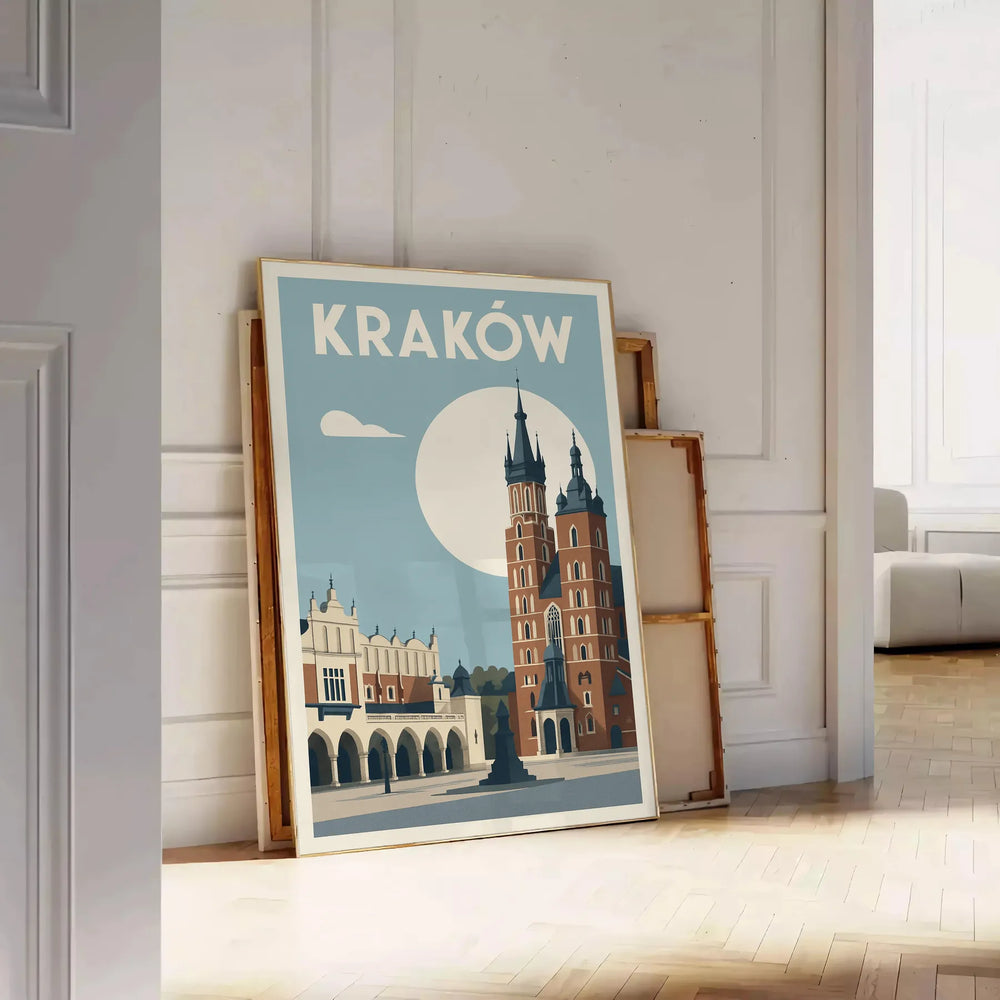 Kraków city skyline poster in gray and green, minimalist illustration