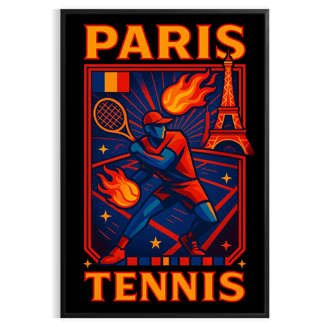 whimsical world Paris Vintage Cartoon Tennis poster vibrant reds blues touch charm space eye artwork measures decor playful elegance framed unframed options