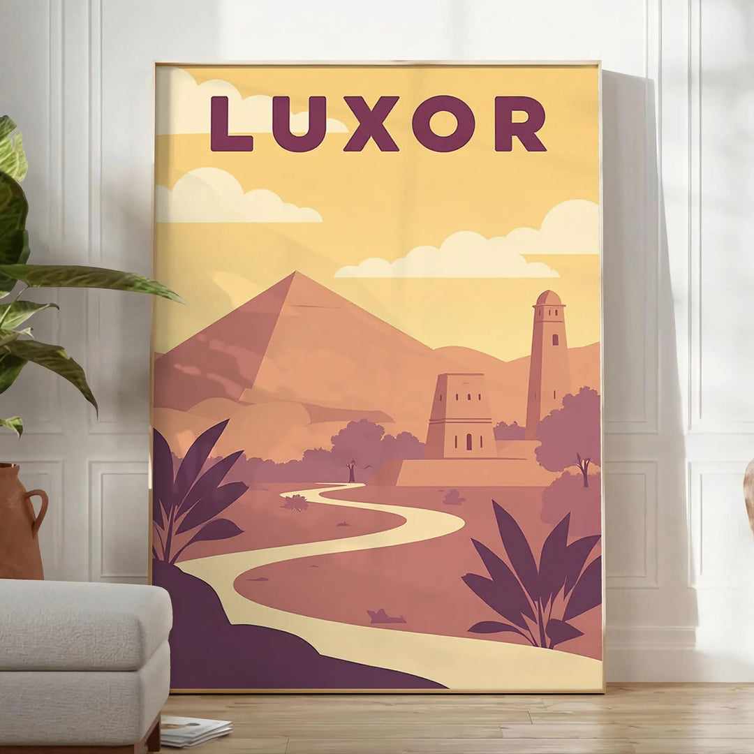 Poster Art Déco di Luxor Egitto grigio e marrone con tempio stilizzato