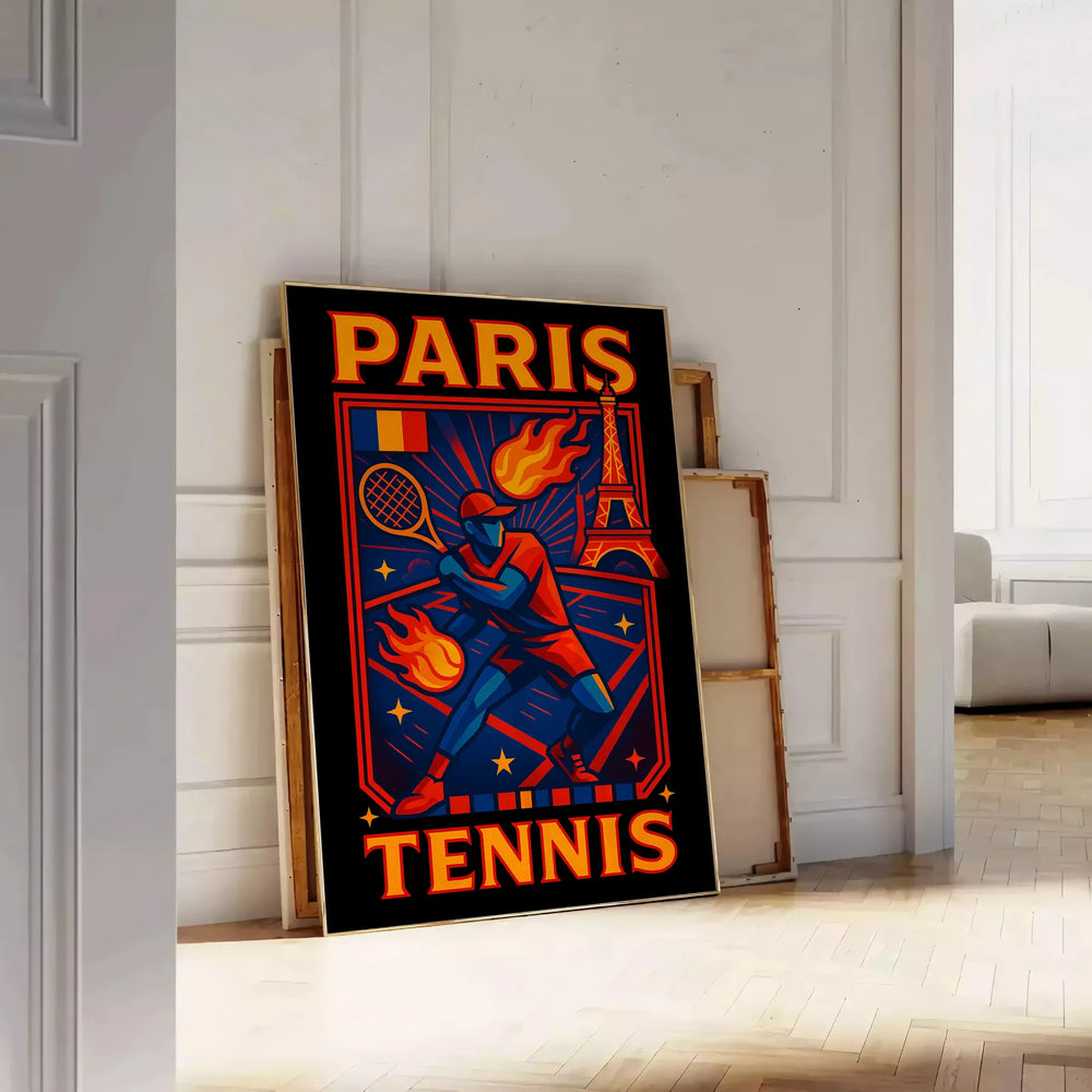 whimsical world Paris Vintage Cartoon Tennis poster vibrant reds blues touch charm space eye artwork measures decor playful elegance framed unframed options
