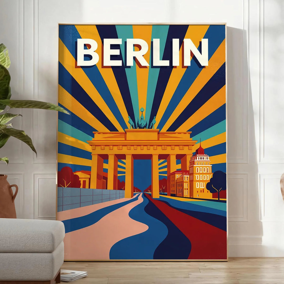 Poster Art Déco di Berlino, panorama urbano rosso e arancione vintage