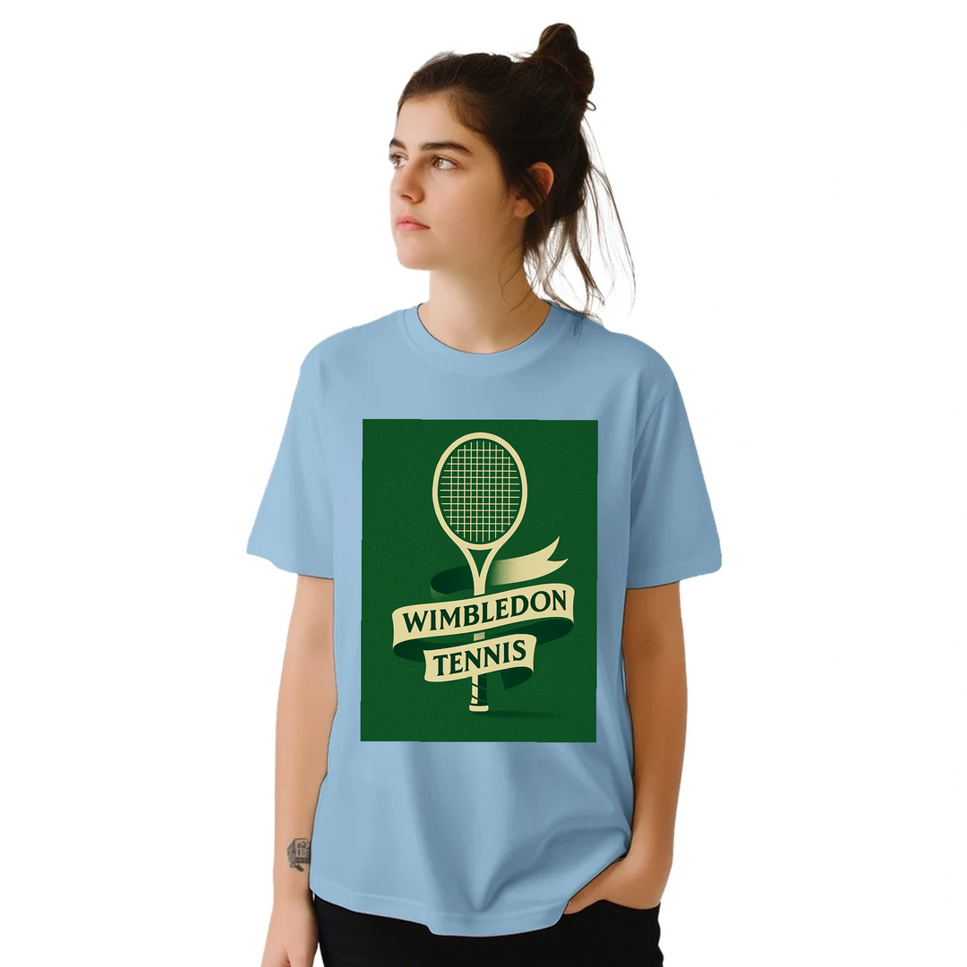 ウィンブルドンを祝うテニステーマのTシャツ。快適で耐久性に優れたデザインで、スポーツ愛好者必見のアイテム。サイズ展開: S, M, L, XL, XXL。