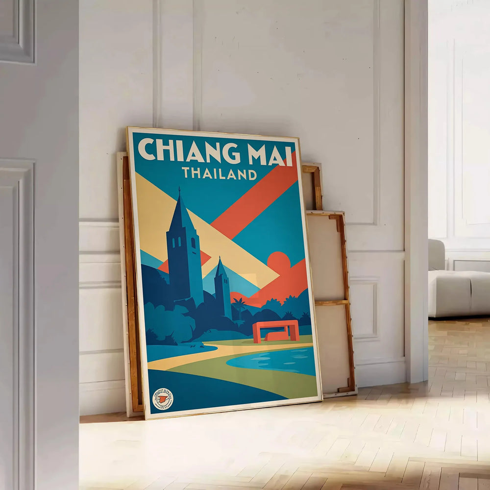 charm Chiang Mai Thailand vintage travel art deco poster blue green hues touch adventure space stunning piece measures cm beautiful today A4 A0
