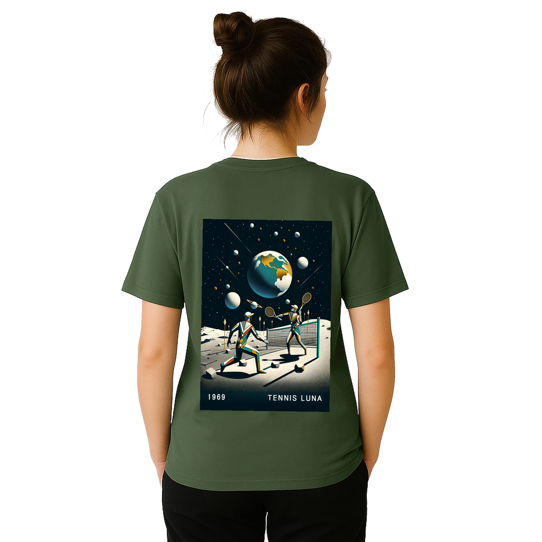 T-shirt Tennis Moon con design unico che unisce la passione per il tennis e il fascino celestiale, ideale per partite o uscit