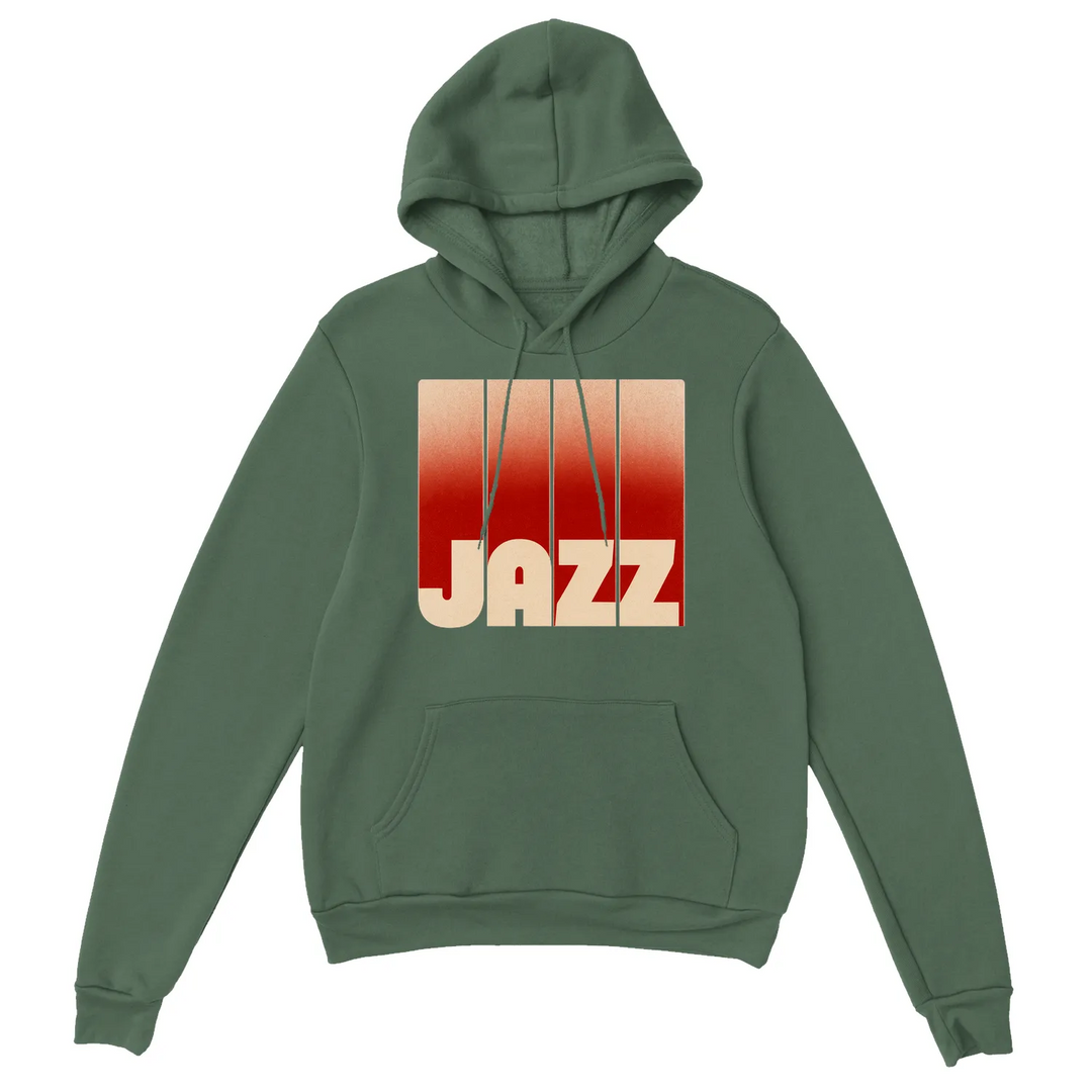 Hoodie Jazz Music, confortável e estiloso, feito de mistura de algodão e poliéster, com capuz forrado, bolso frontal e punhos