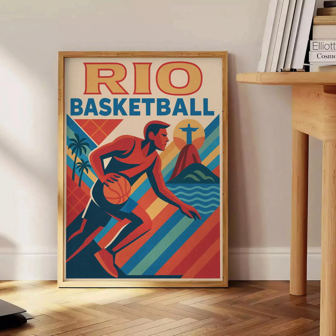 リオ・フットボール・バスケットボールのヴィンテージポスター。アートデコスタイルとスポーツのノスタルジーを融合した美しいポスターです。ファンへのギフトやホームデコレーションに最適。サイズはA4、30x40cm、50x70cmから選べます。