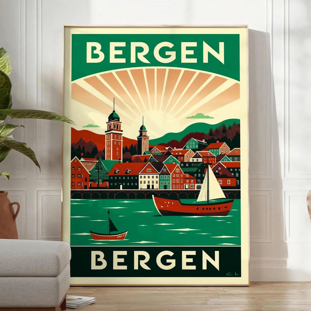 Plakat vintage w stylu Art Déco inspirowany Bergen, Norwegia. Eleganckie odcienie zieleni i szarości, dostępny w formatach 50