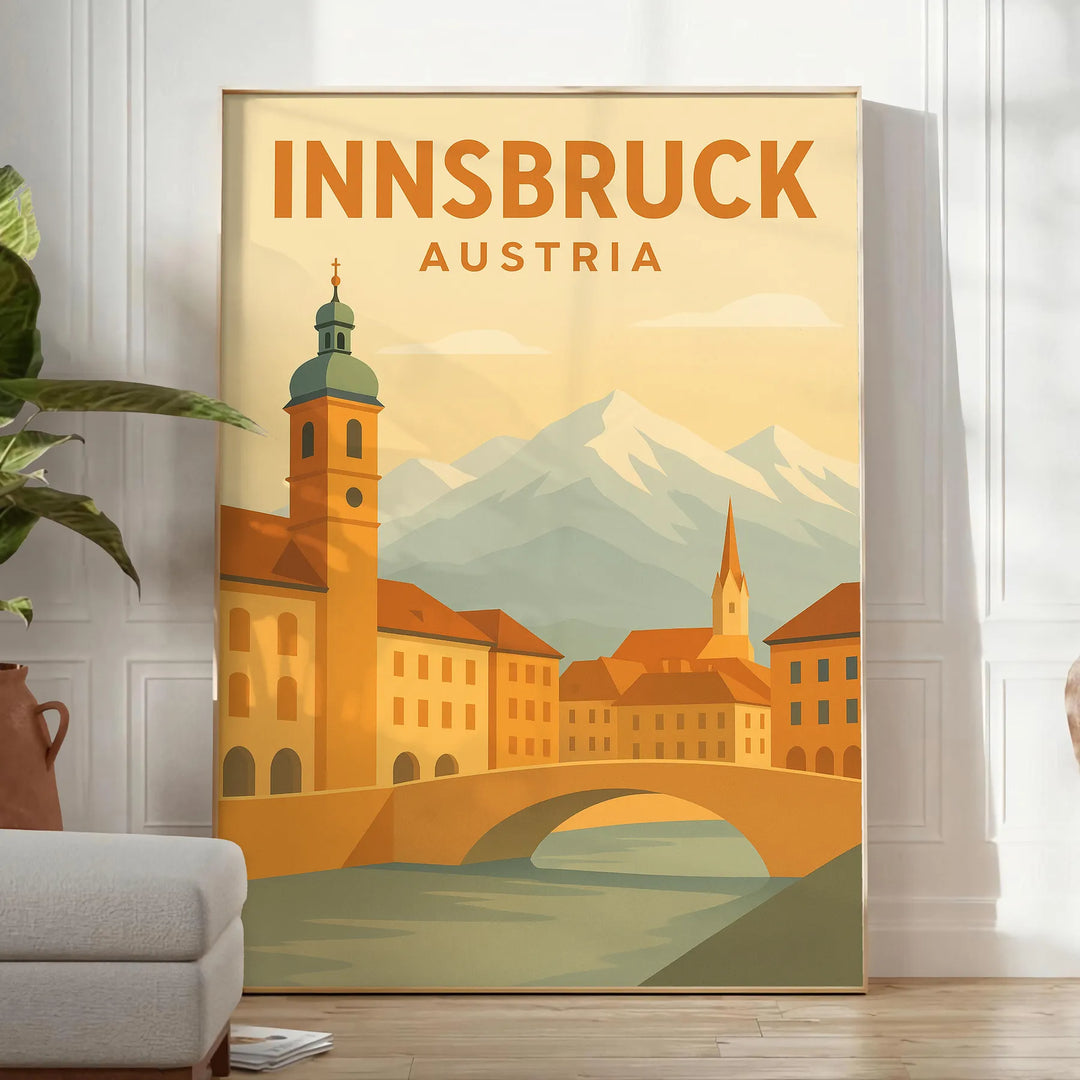 Affiche Innsbruck paysage alpin style vintage avec tons verts et bruns
