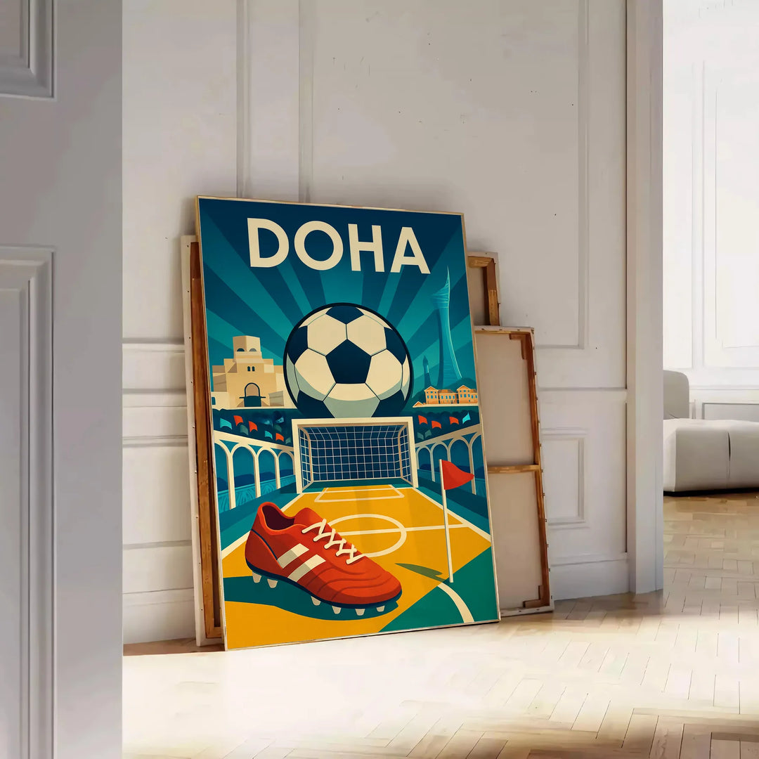 space vibrant Doha Qatar football poster dynamic shades yellow blue fans eye piece passion game today sizes cm size A4 A0