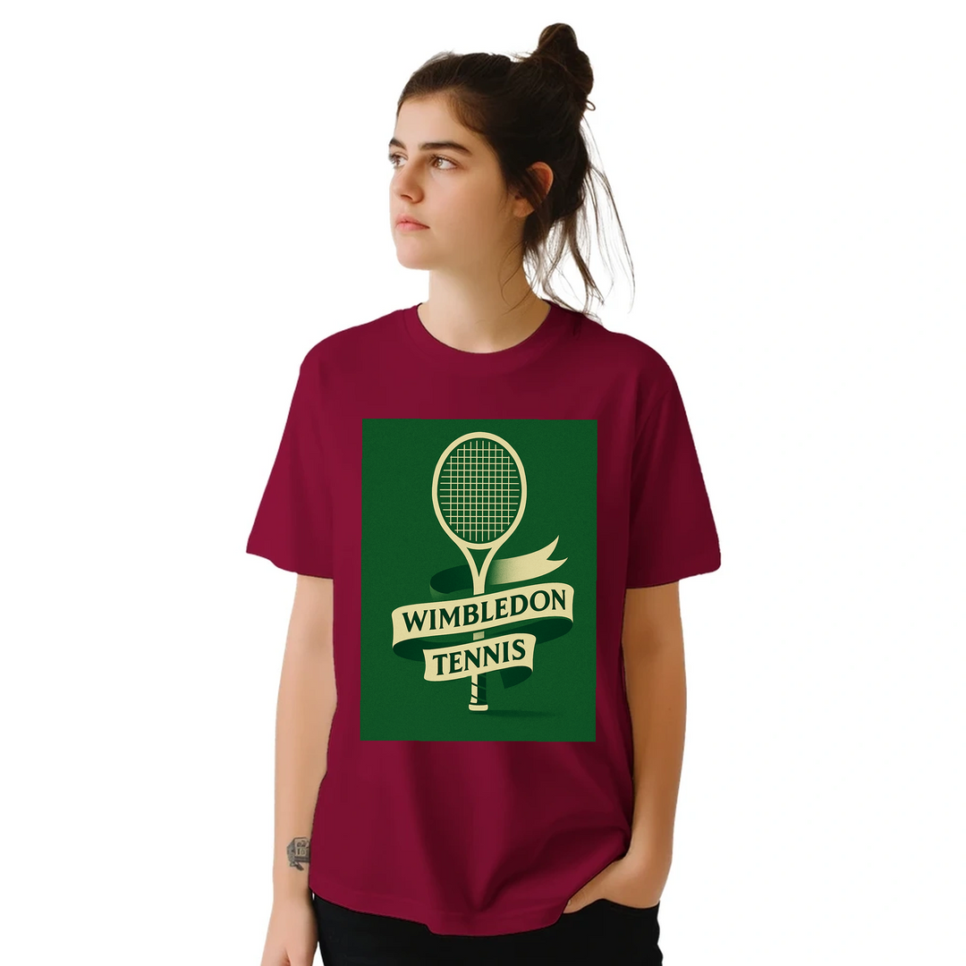 ウィンブルドンを祝うテニステーマのTシャツ。快適で耐久性に優れたデザインで、スポーツ愛好者必見のアイテム。サイズ展開: S, M, L, XL, XXL。