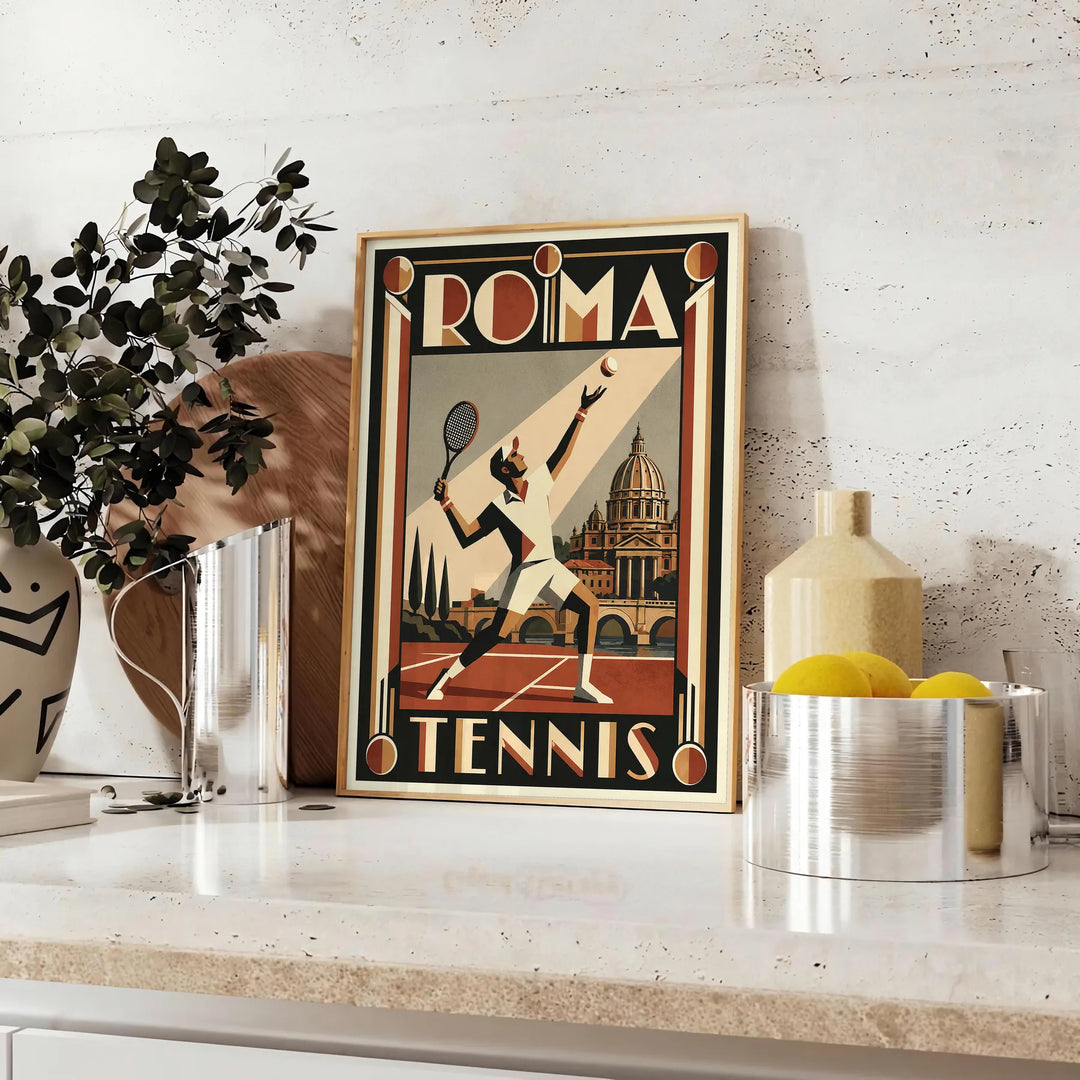 Stilvolles Roma Tennis Poster in Schwarz und Grau, perfekt für Sportliebhaber und Kunstfreunde. Erhältlich in verschiedenen G