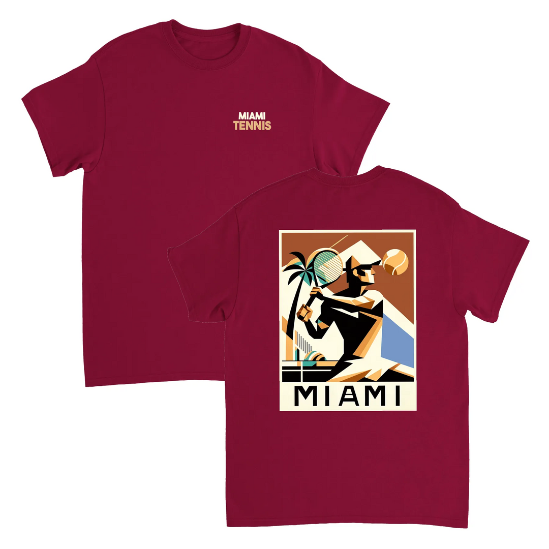 T-shirt Miami Tennis: design vibrante che cattura lo spirito energetico del tennis a Miami, in cotone morbido e traspirante p