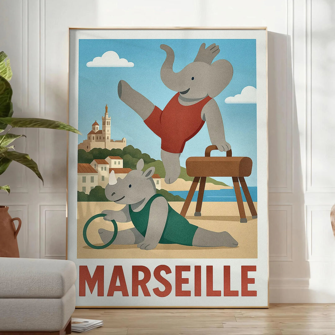 Ανακαλύψτε την χαριτωμένη αφίσα "Marseille Kids Gymnastic" με εντυπωσιακούς ελέφαντες και ρινόκερους σε ζωντανές μπλε και γκρ