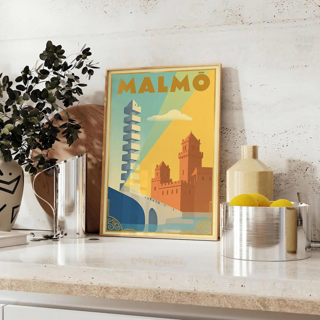 Affiche vintage Malmö Suède élégance Art Déco teintes apaisantes bleu gris intérieur œuvre disponible dimensions 50x70 30x40 unique cadre