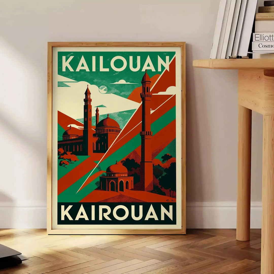 Vintage poster τέχνης Art Deco που απεικονίζει την ομορφιά της Καϊρουάν, Τυνησία, με ζωντανά κόκκινα και πράσινα χρώματα, ιδα
