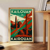Vintage poster τέχνης Art Deco που απεικονίζει την ομορφιά της Καϊρουάν, Τυνησία, με ζωντανά κόκκινα και πράσινα χρώματα, ιδα