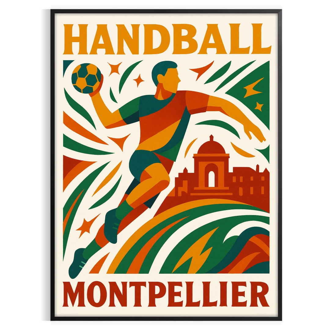 thrill handball vibrant Montpellier poster dynamic shades red orange sport energy eye piece choice dimensions cm space fans collectors sizes A4 A0