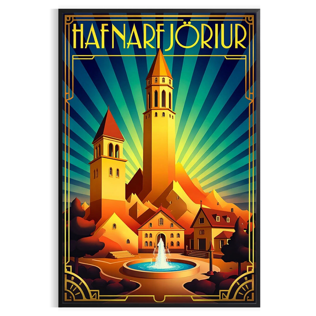 charm Hafnarfjörður Iceland stunning Art Déco vintage poster vibrant blue orange hues unique touch decor chance eye piece dimensions A4 cm A0