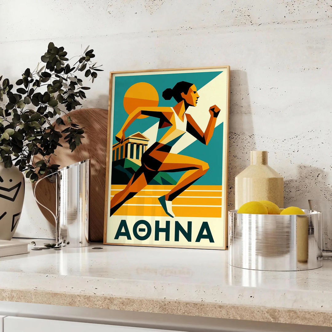 Poster Athletics Athena 19, colori vivaci verde e arancione, dimensioni 50x70 o 30x40, ideale per appassionati di sport