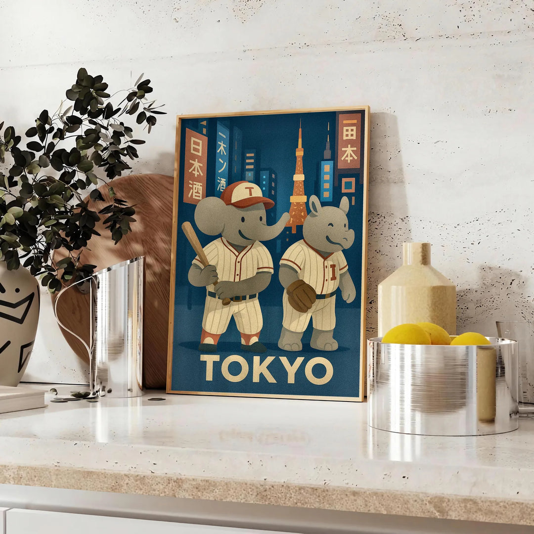 Ανακαλύψτε το εντυπωσιακό vintage πόστερ μπέιζμπολ με ένα παιδί ελέφαντα και ρινόκερο που παίζουν μπέιζμπολ στο Τόκιο. Ιδανικ