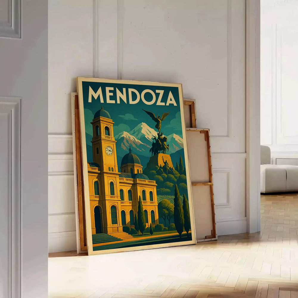 Mendoza Argentina Art Déco poster showing stylized vintage landscape in yellow and green