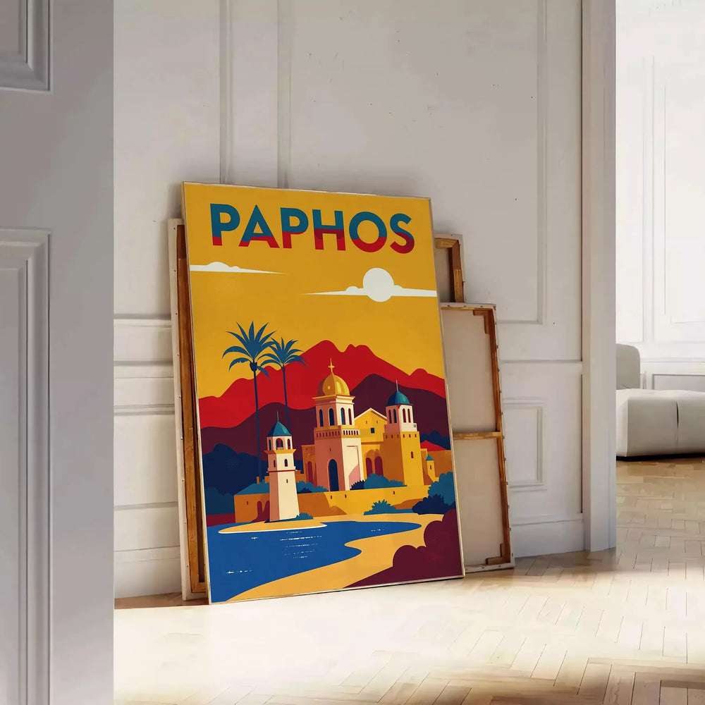 stunning Paphos Cyprus Art Déco vintage poster vibrant shades orange red touch elegance space striking artwork measures cm today A4 A0