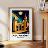 Blue and black Art Déco Asunción Paraguay poster with vintage city silhouette