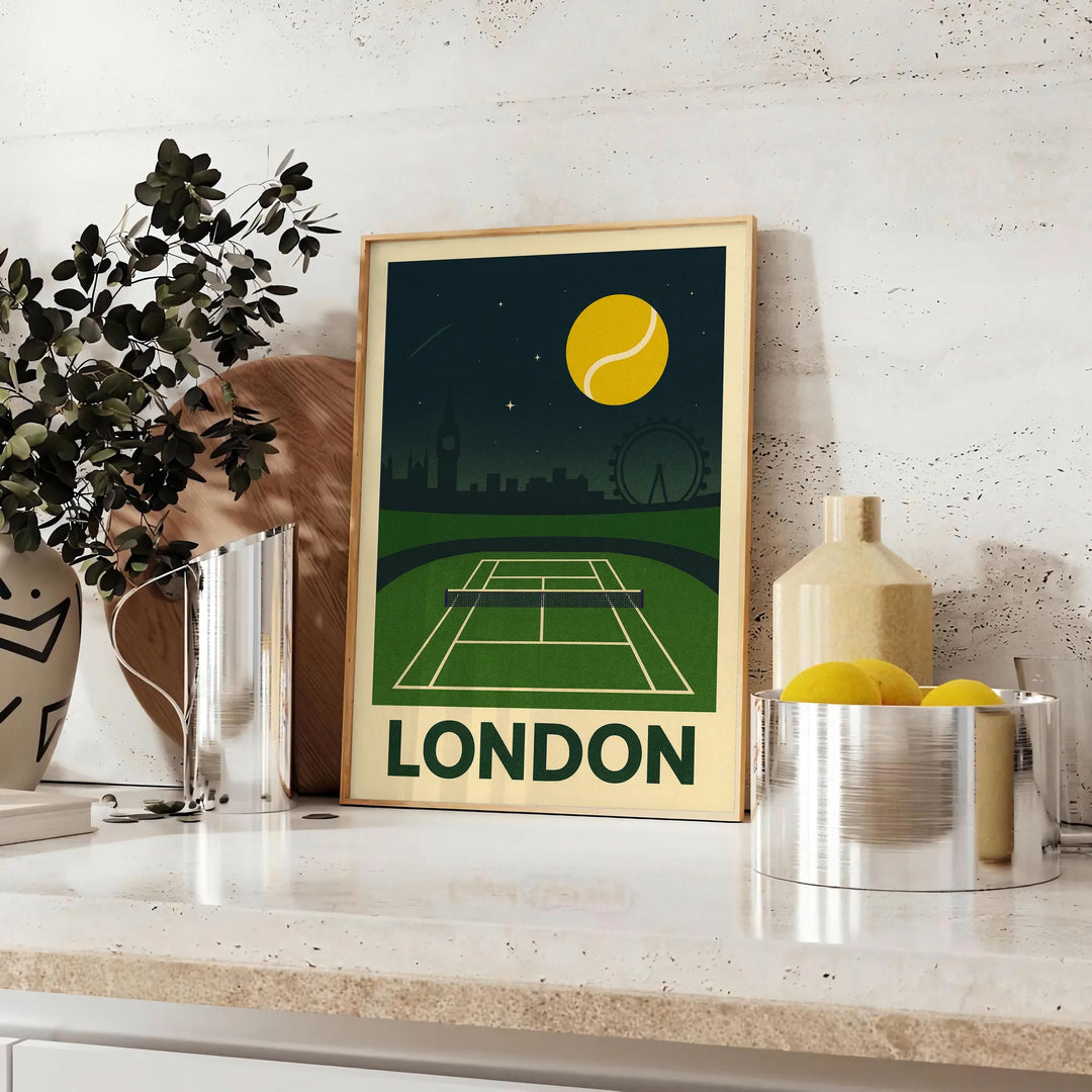 ロンドンの夜のテニスの活気を捉えた美しいグレーとグリーンのポスター。スポーツ愛好家や都市の魅力を楽しむ方に最適なアート作品。