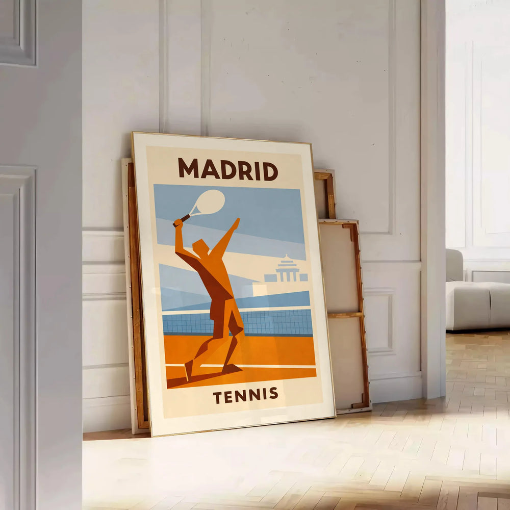 Dynamic tennis scene with orange and gray tones, featuring Madrid, Spain