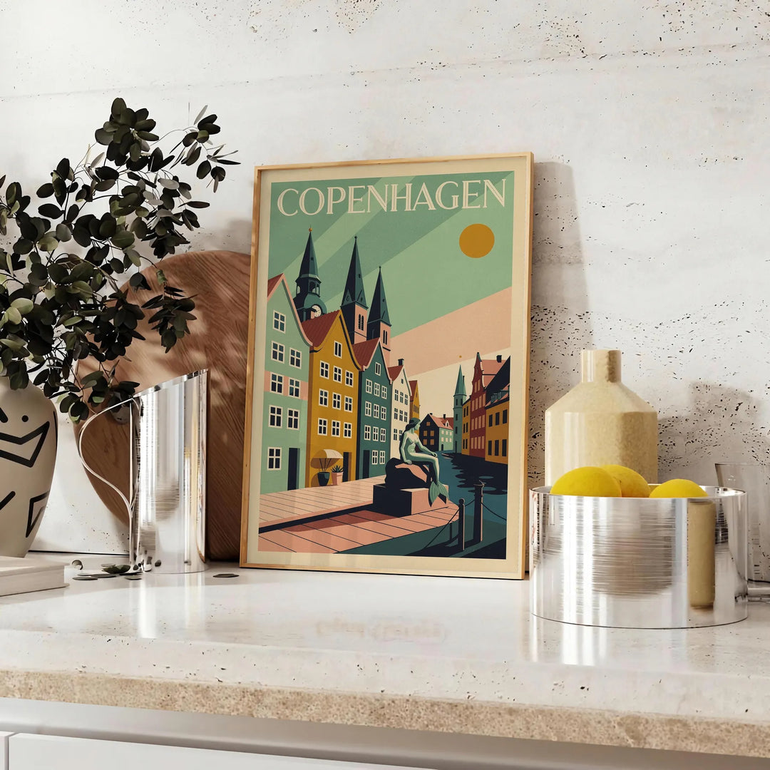 Poster Art Déco di Copenaghen, panorama urbano in marrone e nero