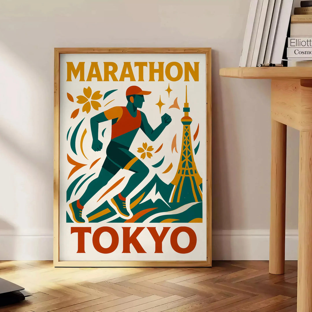 Pôster de corrida de maratona de Tóquio, com design elegante em tons de cinza e azul, ideal para entusiastas da corrida. Disp