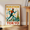 Pôster de corrida de maratona de Tóquio, com design elegante em tons de cinza e azul, ideal para entusiastas da corrida. Disp