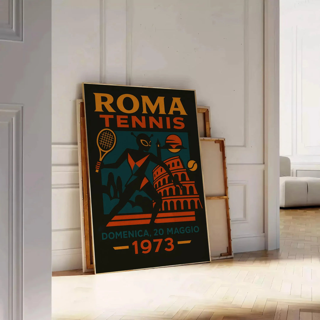 Póster de tenis Alien Roma con un vibrante diseño en verde y marrón, ideal para los amantes del deporte y lo extraterrestre