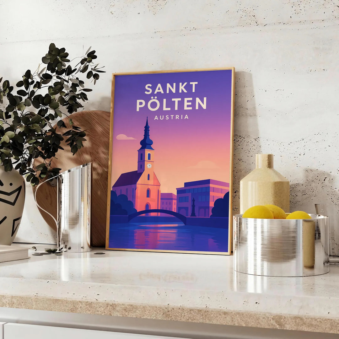 Sankt Pölten Plakat, minimalistisches Stadtbild in Grau und Lila