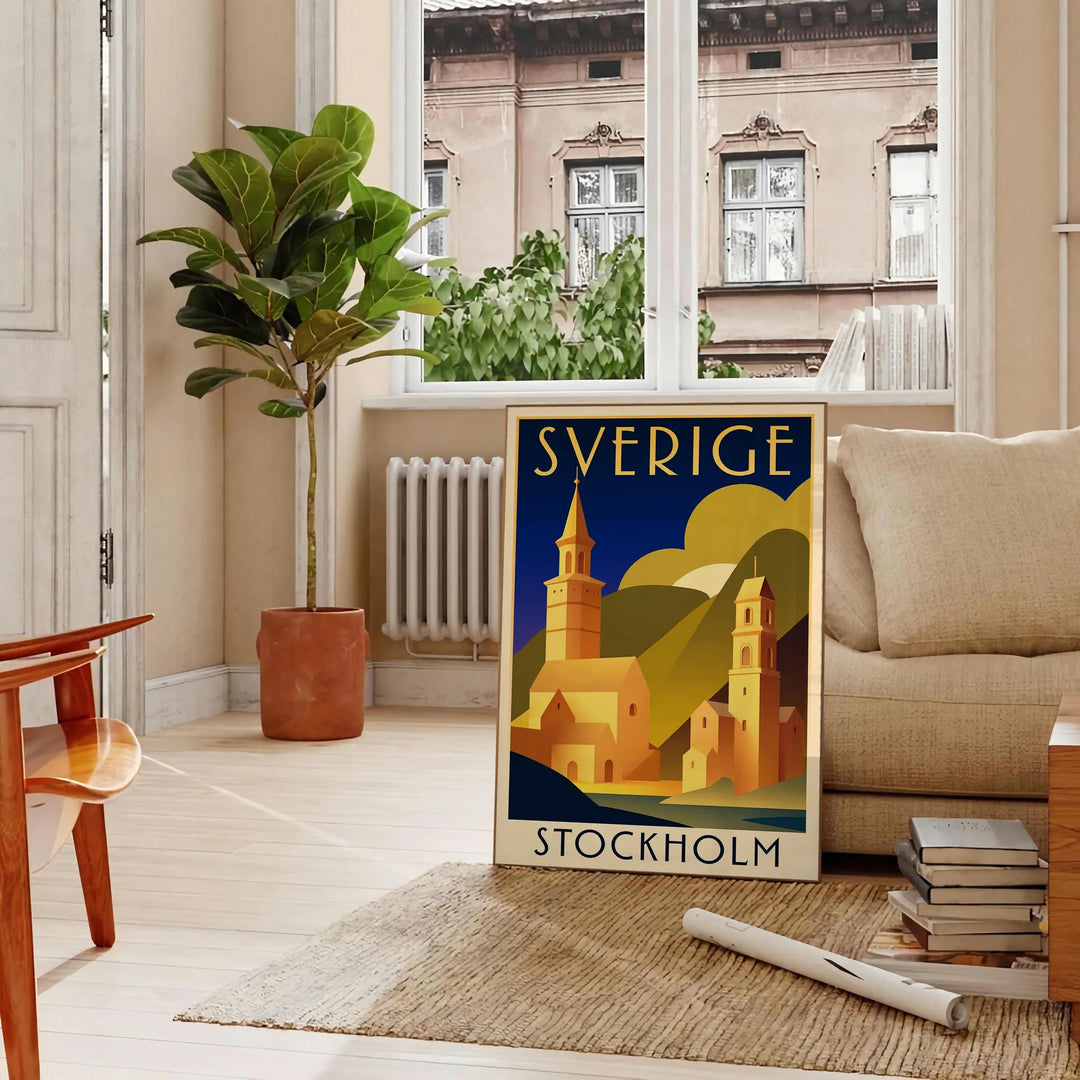 Vintage Reiseplakat von Stockholm, Schweden im Art Deco Stil, mit auffälligen Schwarz- und Rottönen, erhältlich in verschiede