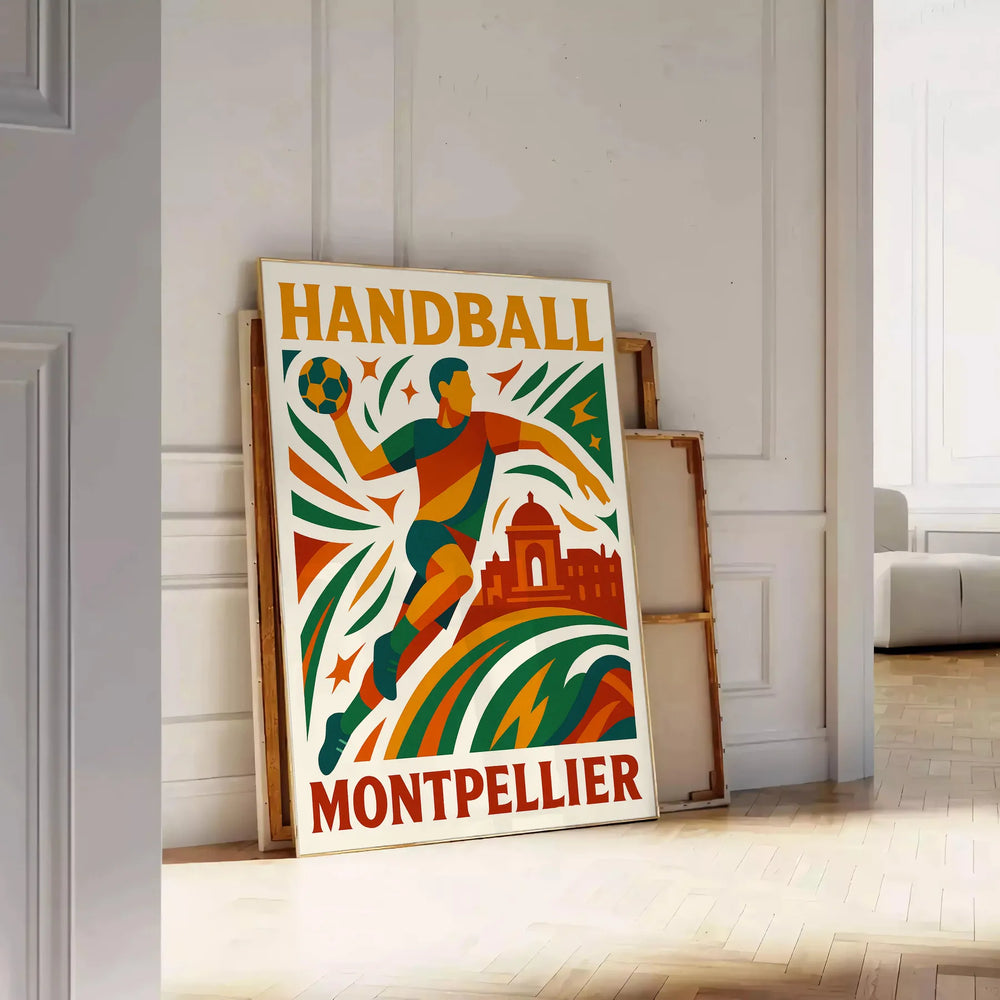 thrill handball vibrant Montpellier poster dynamic shades red orange sport energy eye piece choice dimensions cm space fans collectors sizes A4 A0