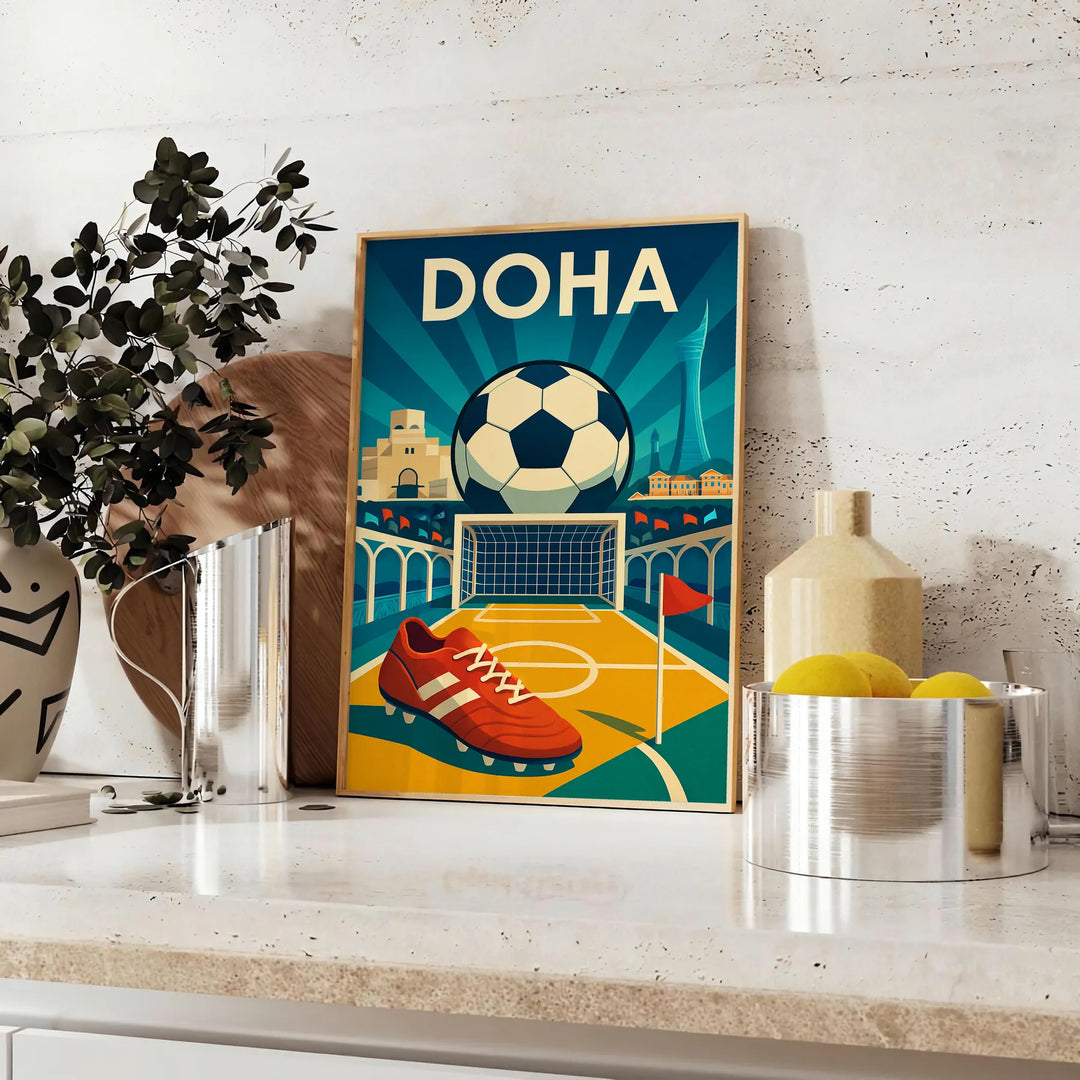 Póster de fútbol de Doha, Qatar, con colores vibrantes azul y amarillo. Disponible en dimensiones 50x70 o 30x40, ideal para a