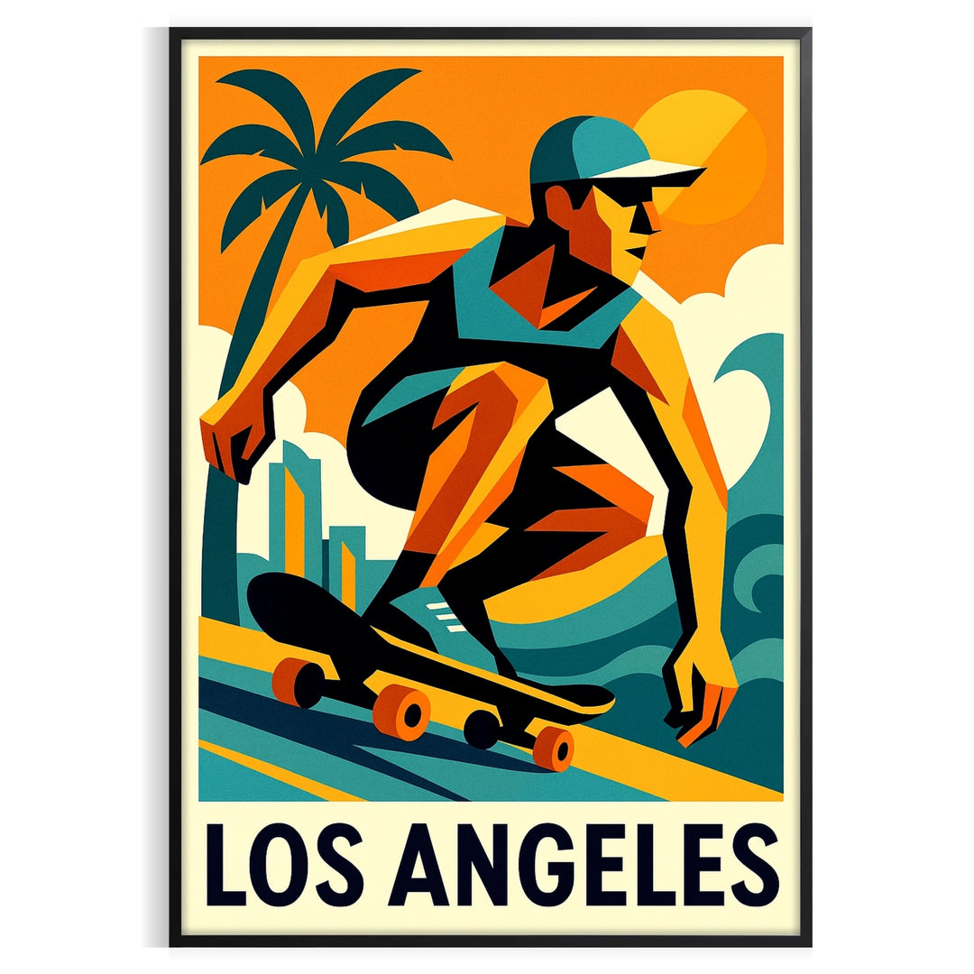 space vibrant skateboard poster pulse Los Angeles sport culture bold green red graphics eye design perfect skate enthusiasts choice cm dimensions A4 A0