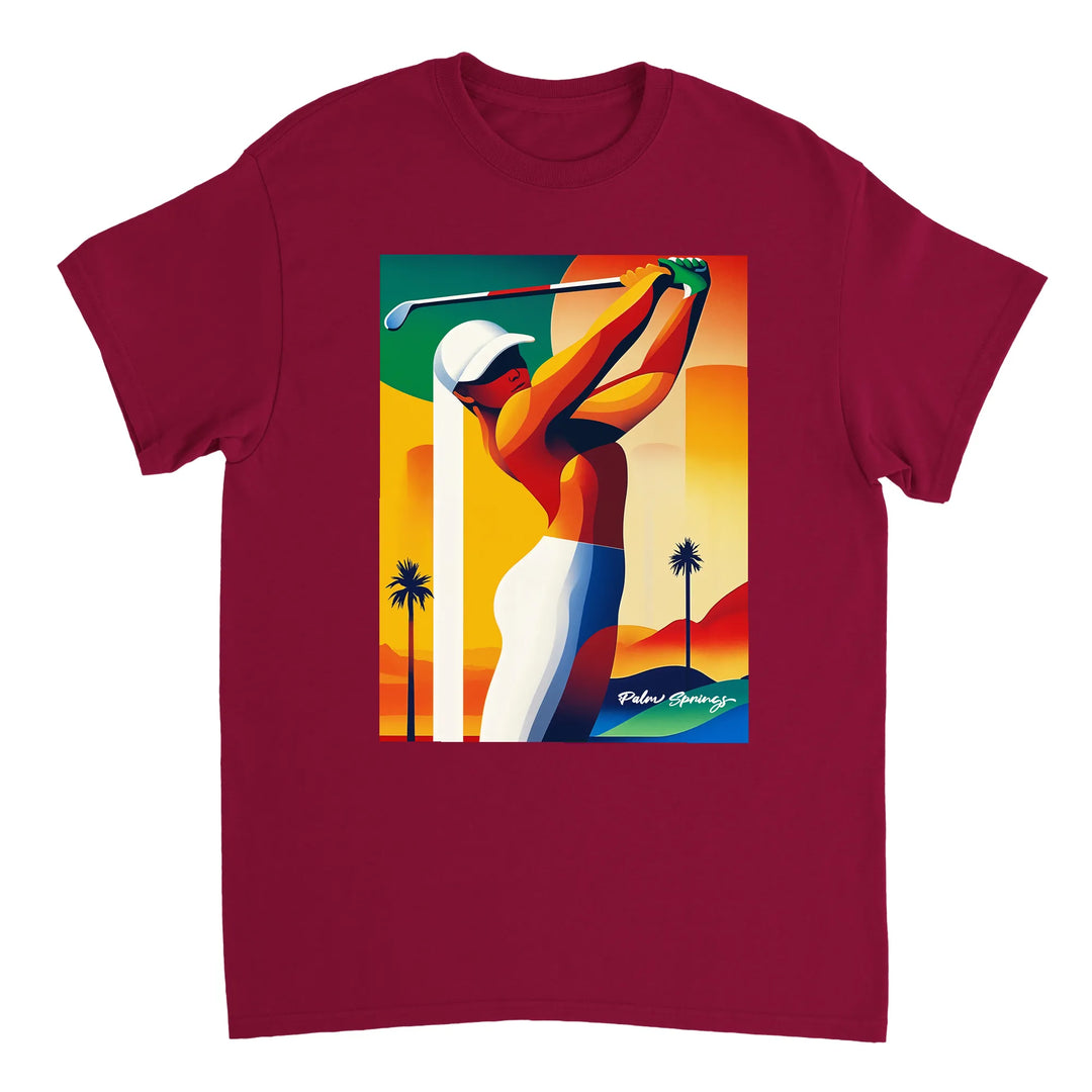 パームスプリングスのゴルフをイメージしたスタイリッシュなTシャツ。快適な着心地と耐久性のあるプレミアムコットンを使用。