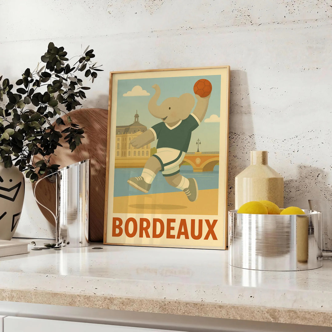 charming Bordeaux Kids Handball Elephant poster playful design gray green hues young athletes eye artwork room favorite size—50x70 unique touch decor unframed versions available