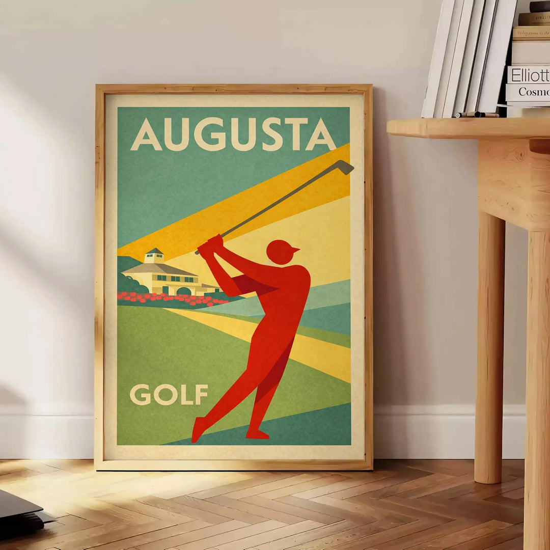 Pôster de estilo vintage apresentando uma cena de golfe em Augusta, Estados Unidos, com tons verdes e laranja