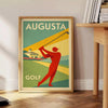 Pôster de estilo vintage apresentando uma cena de golfe em Augusta, Estados Unidos, com tons verdes e laranja
